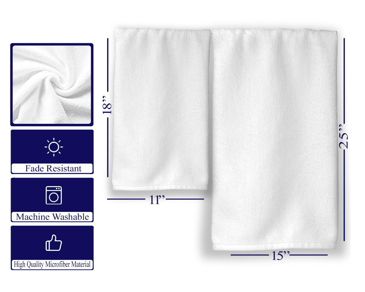 Kitchen towel product infographic showing two towel sizes, soft fabric detail and machine-washable features