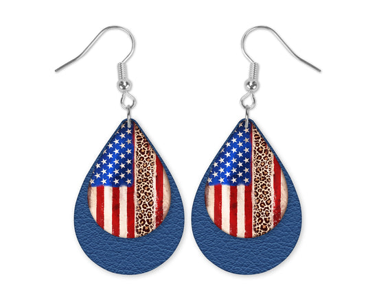Double layered patriotic flag earrings with blue backing pieces