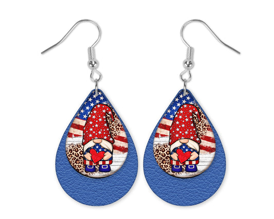 Double-layered Fourth of July gnome earrings with blue teardrop backing