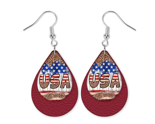 Double-layered USA patriotic earrings with red backing and hook findings