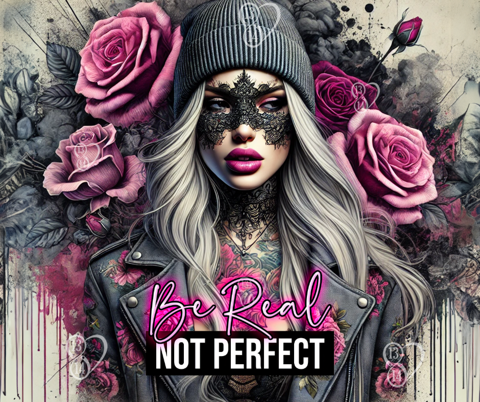 Flat wrap artwork showing Be Real Not Perfect silver-haired woman in a black beanie with pink roses