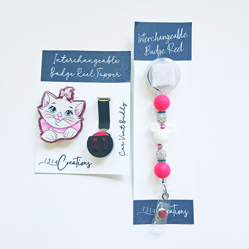Belle of the Bow Kitten Badge Reel Topper β Adorable White Kitty with Pink Bow for Work & Fun π Cute Cat Car Freshieπ± ID Holder For Work