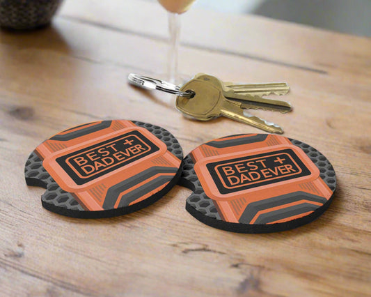 Best Dad Ever car coaster set with orange black and charcoal design