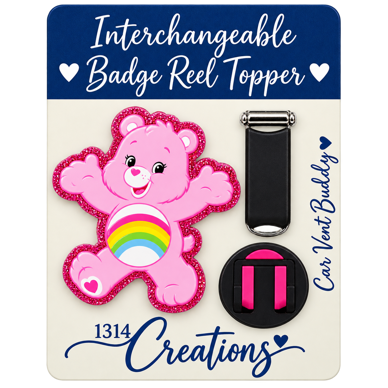 Care, Share & Clock In | Interchangeable Badge Reel Topper