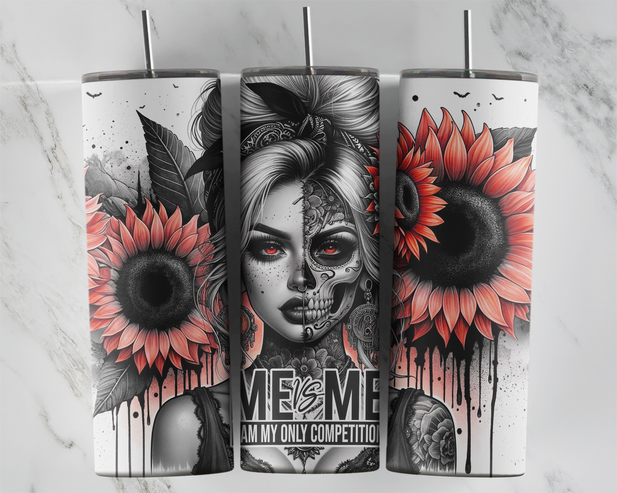 Three views of the 20 oz tumbler featuring Me Vs Me split skull portrait with red sunflowers against a marble background