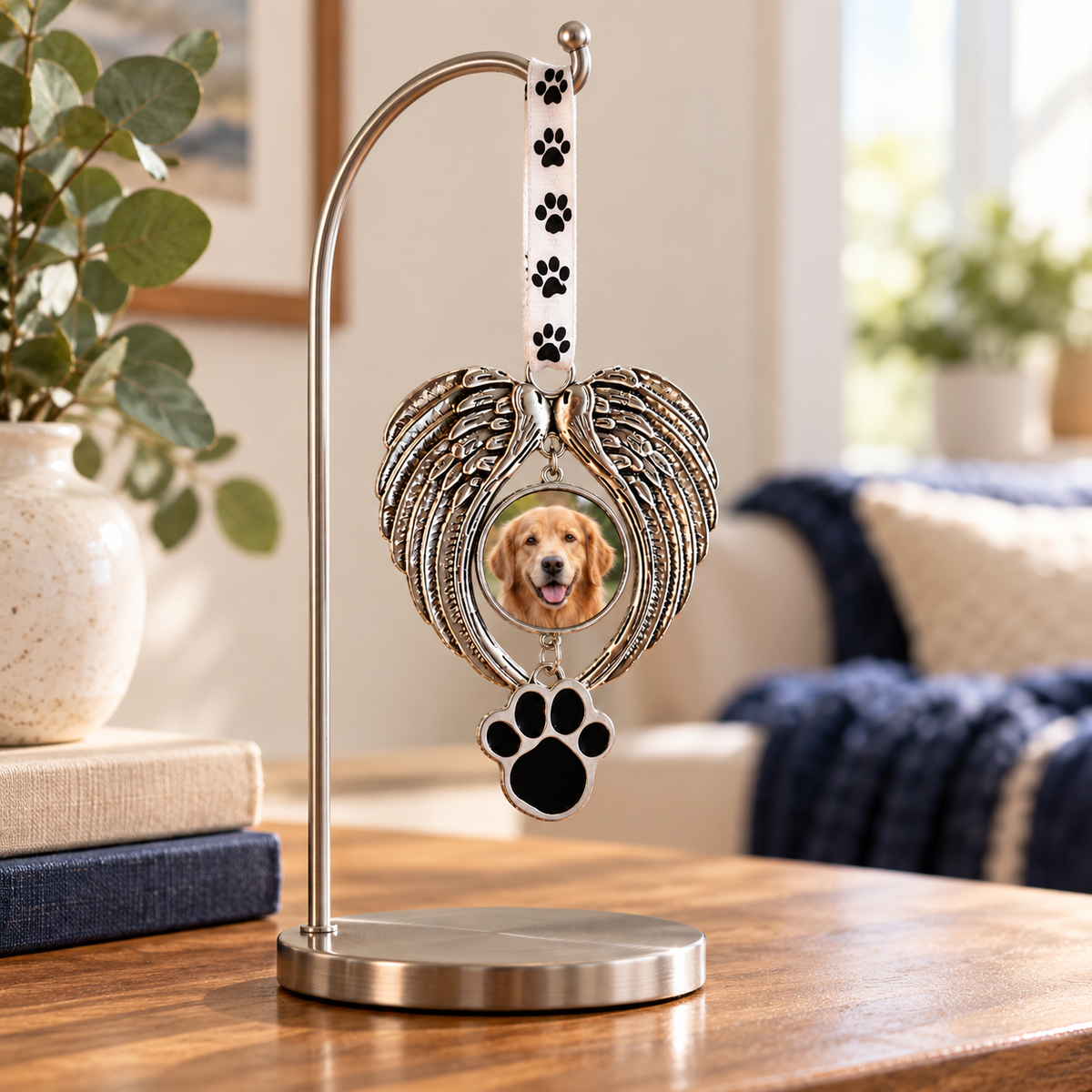 Silver-tone angel wing pet memorial ornament with a golden retriever photo and paw charm hanging from a curved metal display stand on a wooden table.