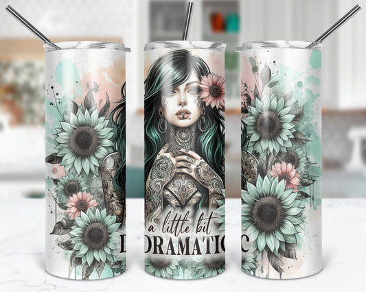 A Little Bit Dramatic tumbler shown from three angles in a kitchen setting