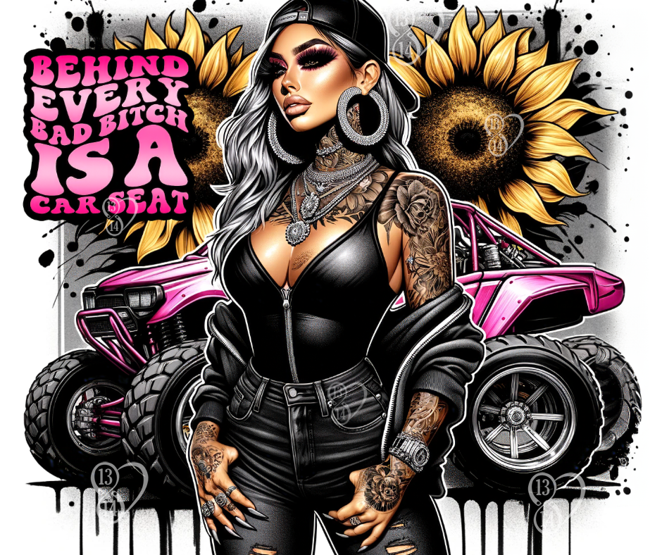 Flat artwork for the Baddie With a Car Seat tumbler featuring tattooed woman, pink off-road vehicle and golden sunflowers