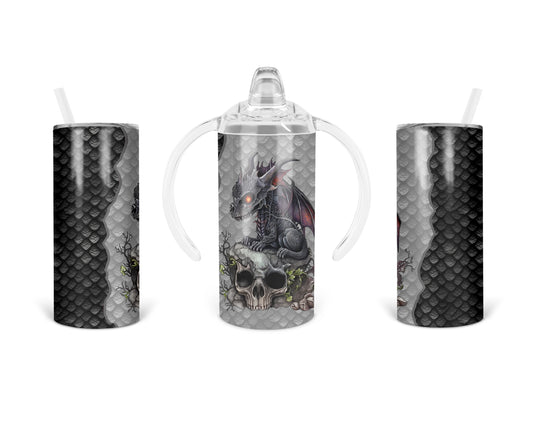 Black Dragon kids sippy and straw-lid configurations shown together, featuring black dragon perched above a skull, with dark scale-pattern accents.