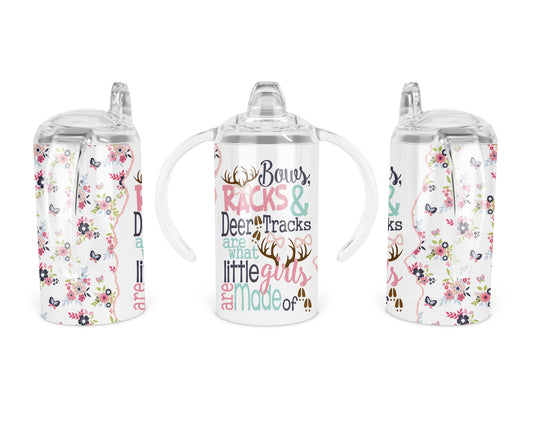 Bows, Racks & Deer Tracks kids handled sippy cup and straw-lid views, featuring floral artwork and the playful Bows, Racks & Deer Tracks phrase.