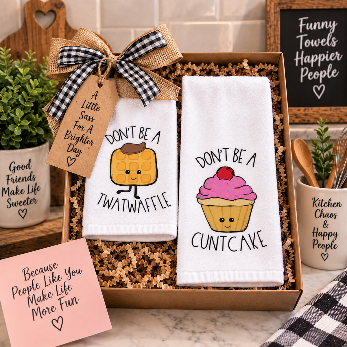 Syrup Sprinkles & Sass two-piece hand towel set featuring cowboy waffle and pink cupcake with adult-humor sayings, arranged in open gift box