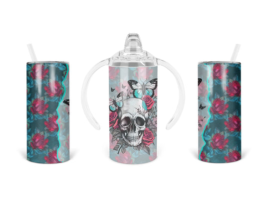 Haunting Blooms kids sippy and straw-lid configurations shown together, featuring skull, pink roses, and butterflies against teal and gray details.