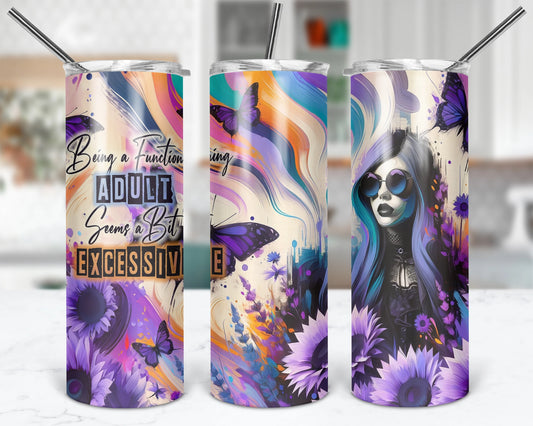 Adulting Seems a Bit Excessive tumbler shown from three angles in a kitchen setting
