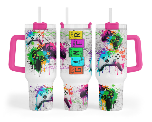 Joystick Jolt 40 oz tumbler with colorful game controllers and GAMER lettering, pink handle, three design views