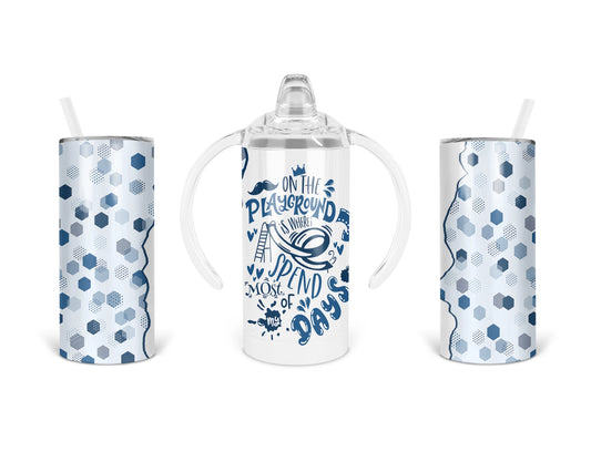 Playground Days 2-in-1 kids sippy cup shown with a handled lid and straw-lid views of the blue playground design.
