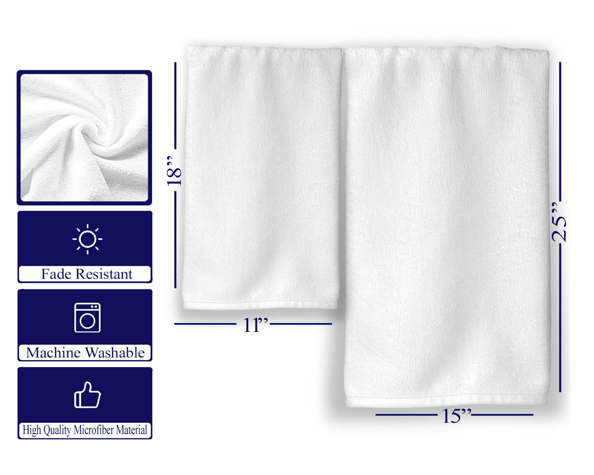 Hand towel material and measurement infographic showing 11 × 18 and 15 × 25-inch towels and machine-washable features