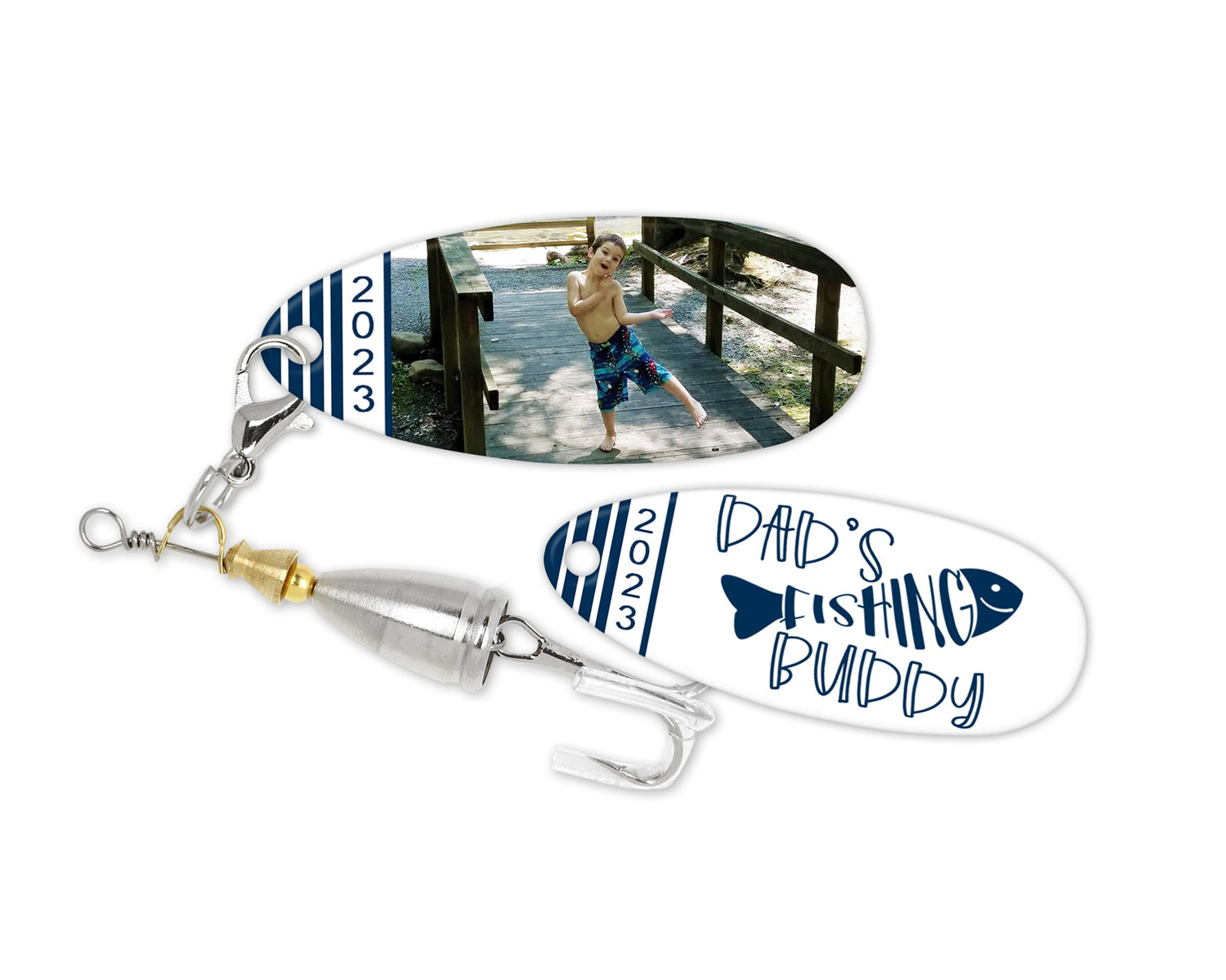 Personalized fishing lure with the text 'Dad's Fishing Buddy' and space for adding a photo and date