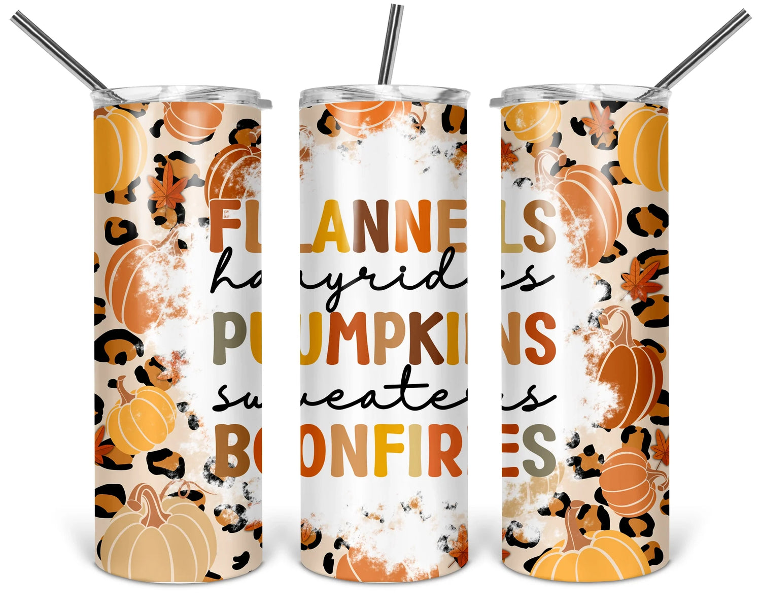 Fall-themed tumbler with pumpkin design and the text: 'Flannels, hayrides, pumpkins, sweaters, bonfires'