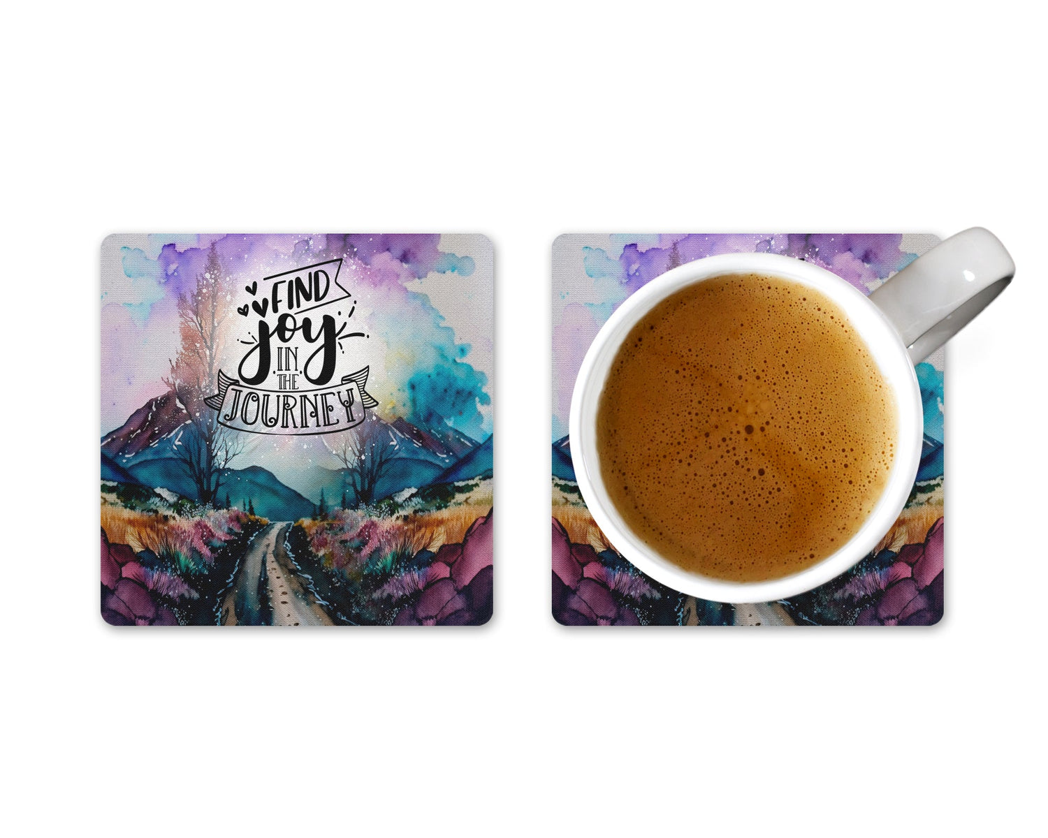 Set of coasters featuring a colorful purple mountain and roadway design with the words 'Find joy in the journey