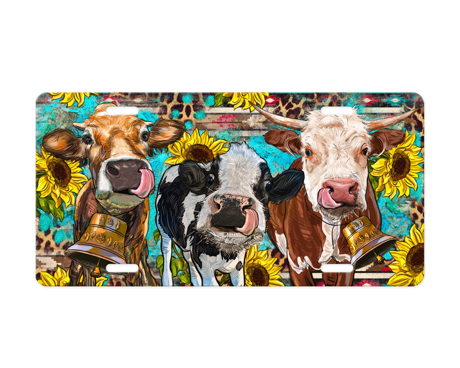 License plate featuring a sunflowers and leopard print western design with three cows depicted