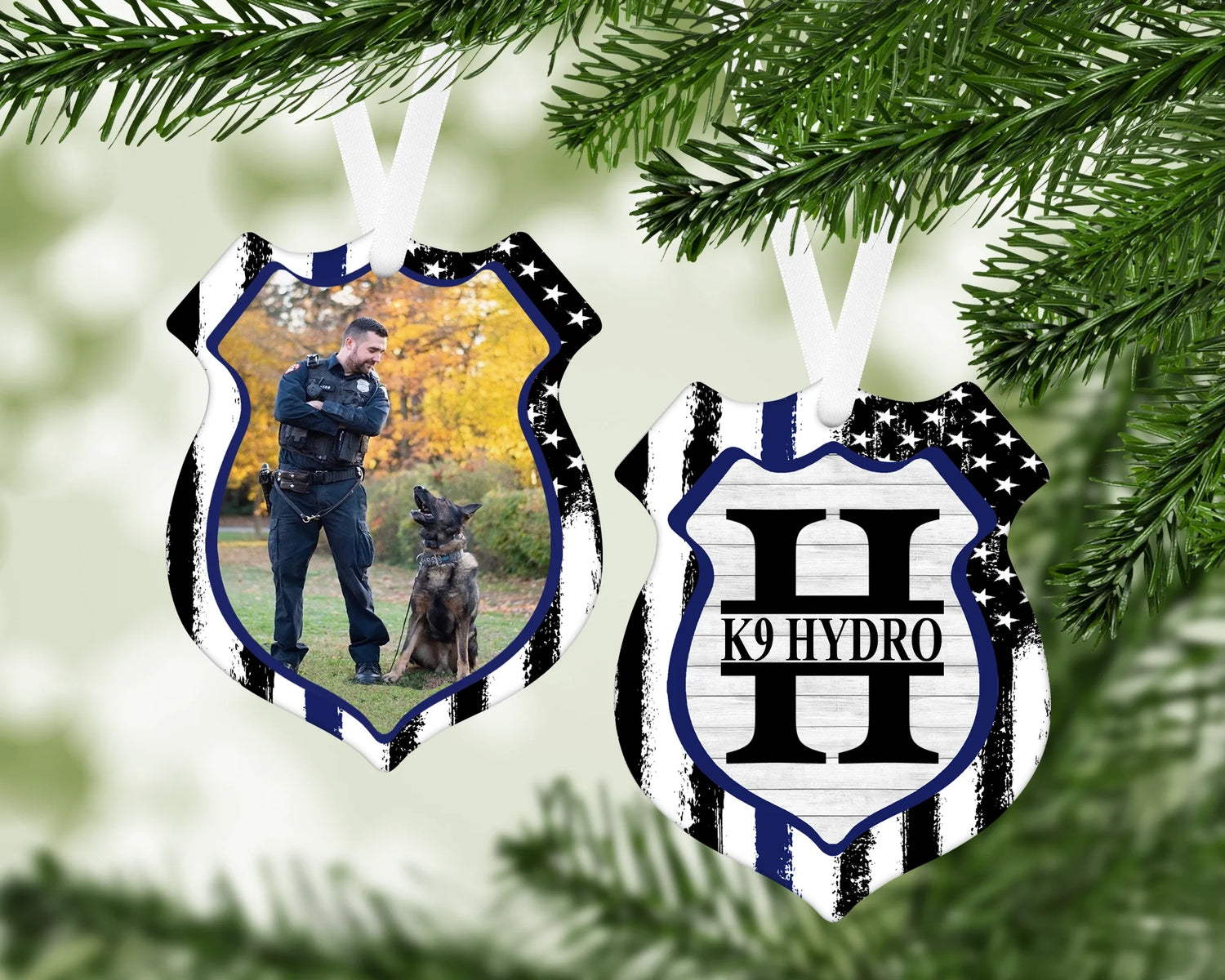 Personalized badge-shaped photo Christmas ornament featuring a police theme