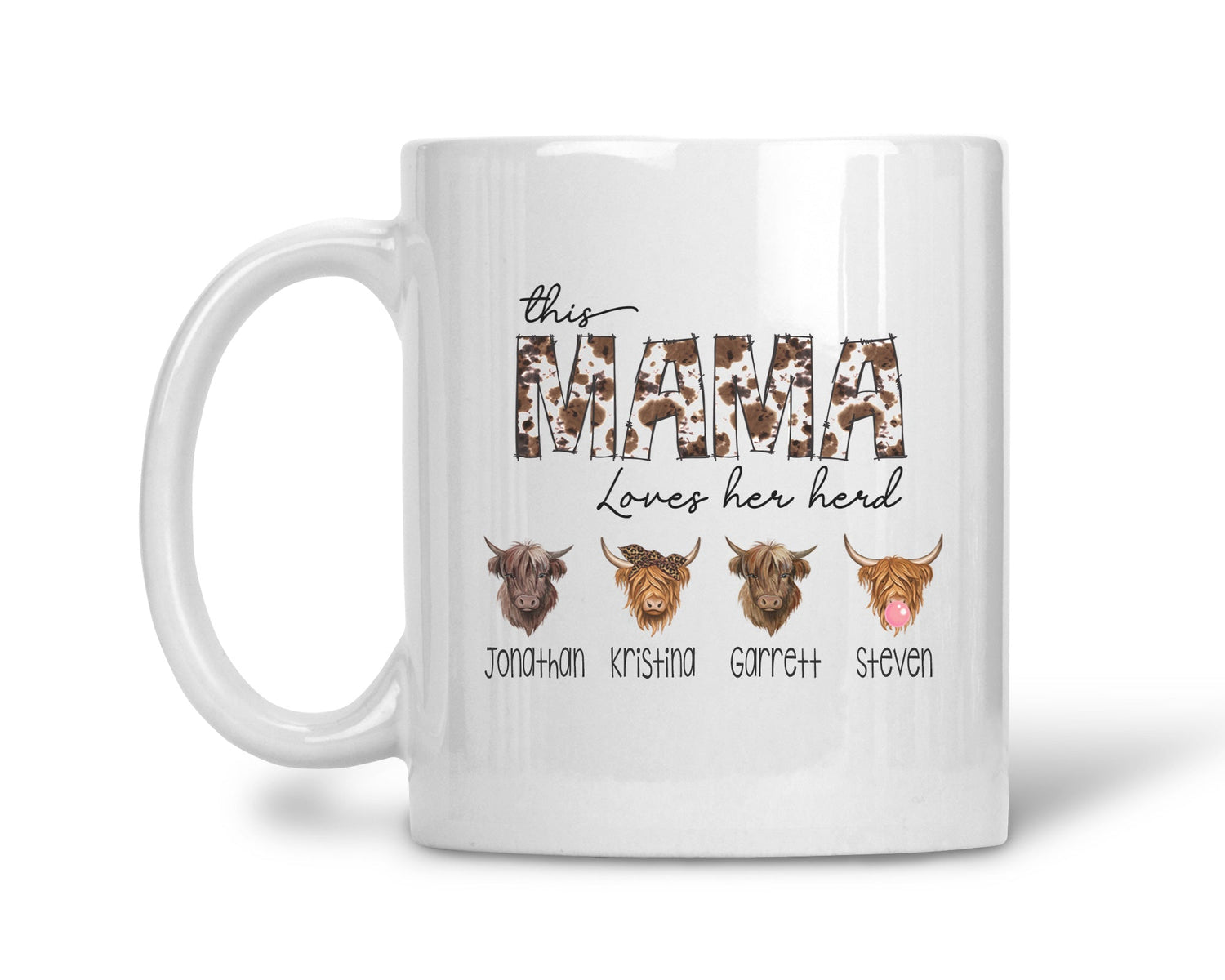 Customizable coffee mug with 'This Mama Loves Her Herd' text, featuring cows representing each child's name.