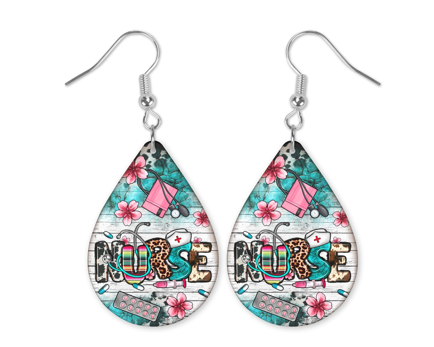 Pair of nurse-themed earrings featuring a floral design with nurse-related items graphics, including a stethoscope forming the letter 'u' in 'Nurse' and a nurse hat resting on the letter 'S'