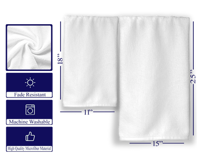 Hand towel product infographic showing soft fabric detail, machine-washable features and two blank towel examples