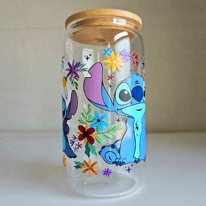 Cosmic Blooms Tumbler - 16oz Blue Alien Glass Tumbler With Straw - Cute Libbey Glass Tumbler Cup