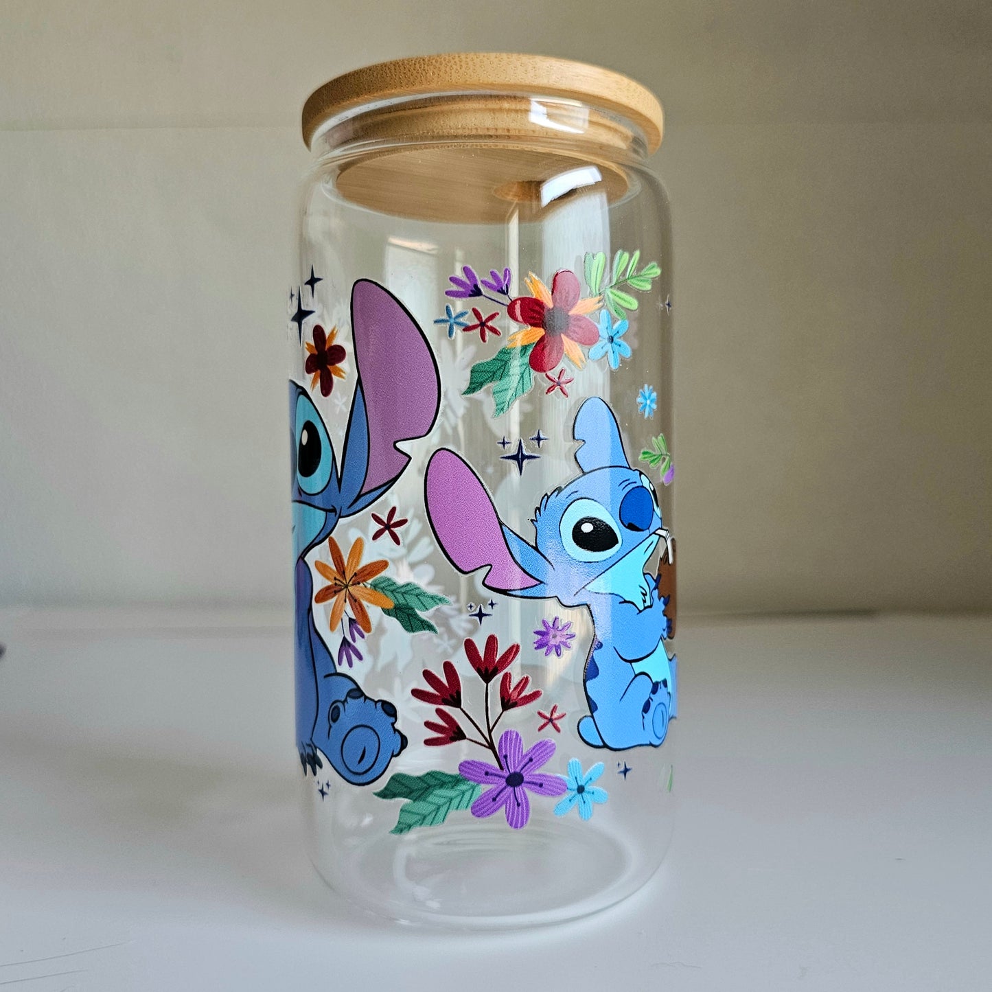 Cosmic Blooms Tumbler - 16oz Blue Alien Glass Tumbler With Straw - Cute Libbey Glass Tumbler Cup