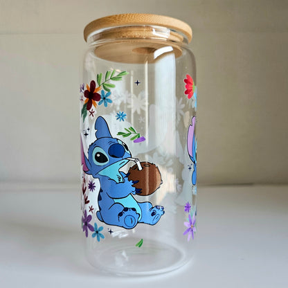 Cosmic Blooms Tumbler - 16oz Blue Alien Glass Tumbler With Straw - Cute Libbey Glass Tumbler Cup