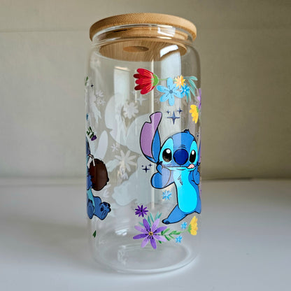 Cosmic Blooms Tumbler - 16oz Blue Alien Glass Tumbler With Straw - Cute Libbey Glass Tumbler Cup