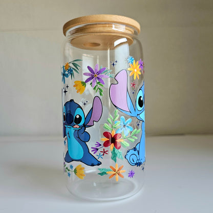 Cosmic Blooms Tumbler - 16oz Blue Alien Glass Tumbler With Straw - Cute Libbey Glass Tumbler Cup