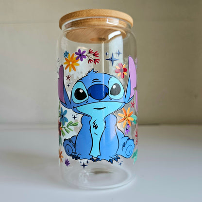 Cosmic Blooms Tumbler - 16oz Blue Alien Glass Tumbler With Straw - Cute Libbey Glass Tumbler Cup