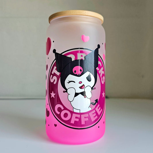 Rosy Whiskers Tumbler - 16oz Glass Can Tumbler With Straw - Cute Kawaii Kitten Libbey Tumbler Cup