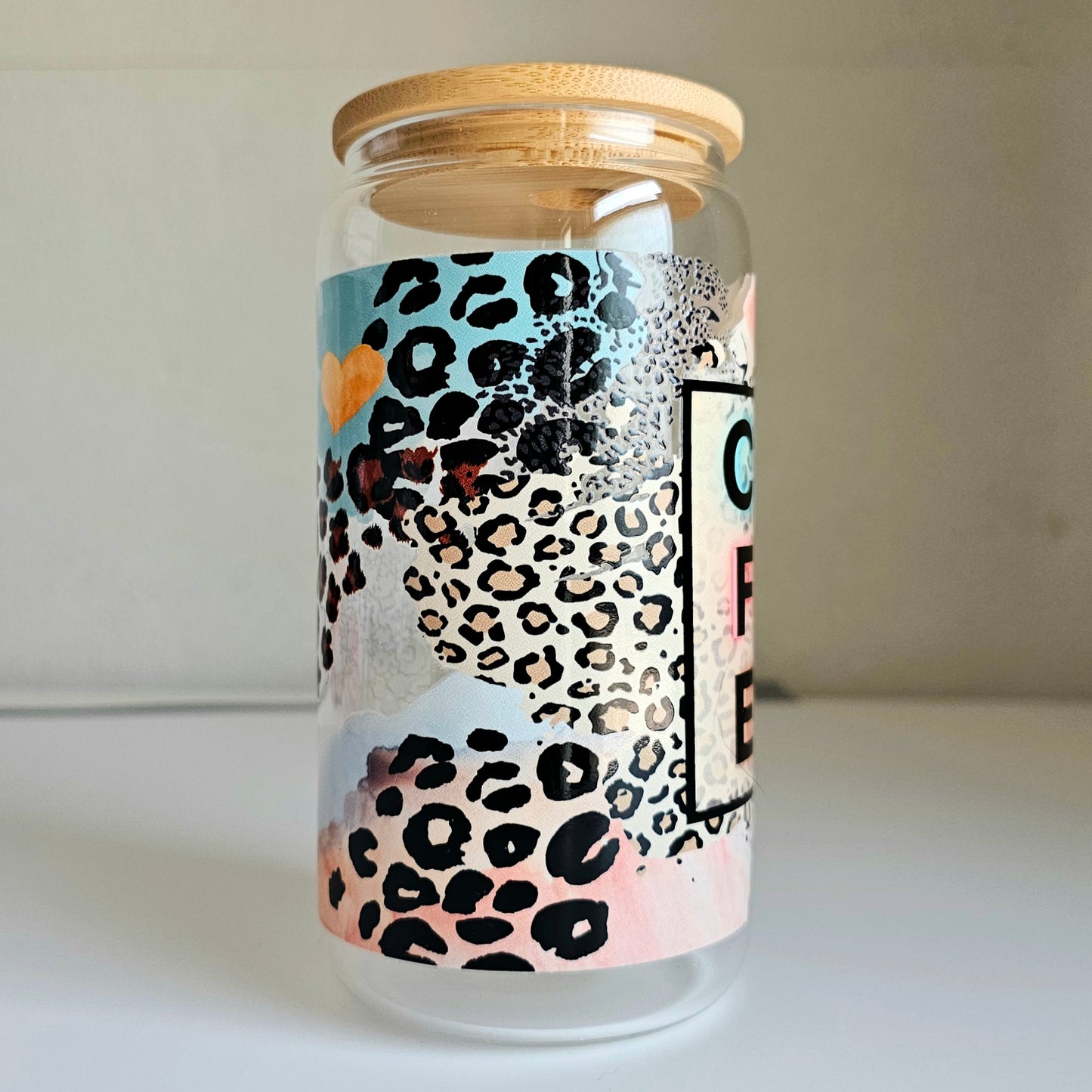 Spotted Serenity Tumbler - 16oz Glass Can Tumbler With Straw - Colorful Leopard Print Libbey Tumbler Cup