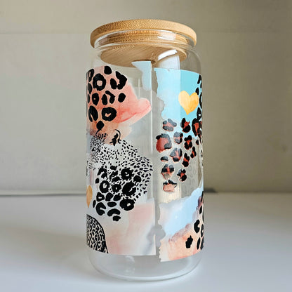 Spotted Serenity Tumbler - 16oz Glass Can Tumbler With Straw - Colorful Leopard Print Libbey Tumbler Cup