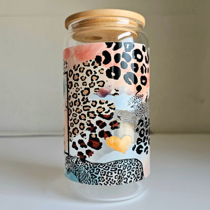 Spotted Serenity Tumbler - 16oz Glass Can Tumbler With Straw - Colorful Leopard Print Libbey Tumbler Cup