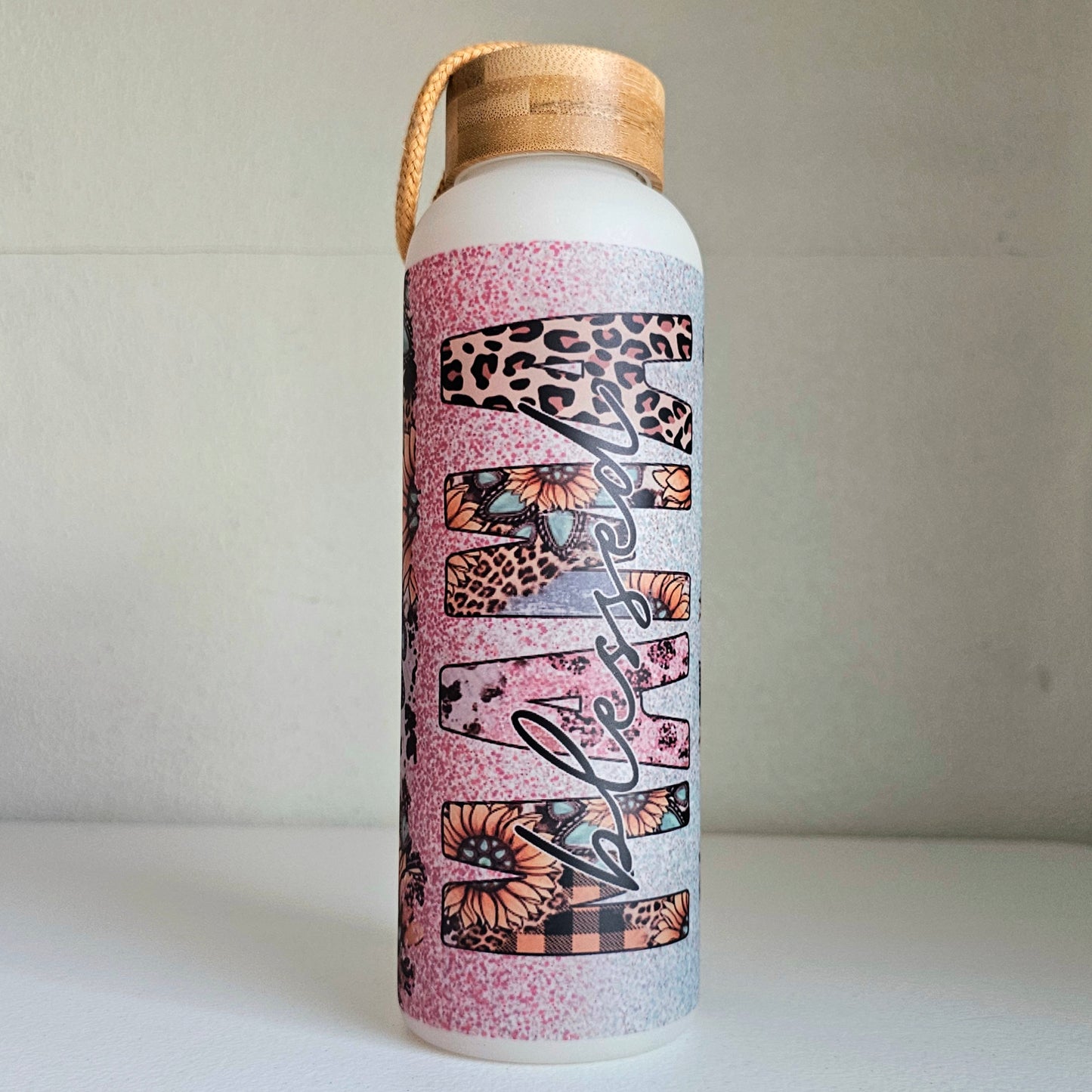 Blessed Mama Water Bottle / Glass Water Bottle With Bamboo Lid / Gift For Mom