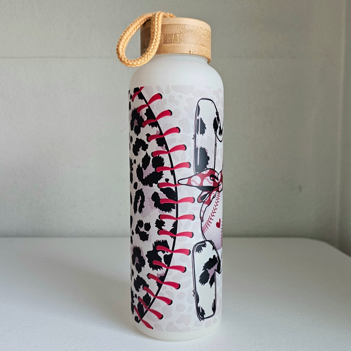 Baseball Mom Water Bottle / Sports Mama Travel Tumbler / Leopard Print Glass Water Bottle / Gift for Mom