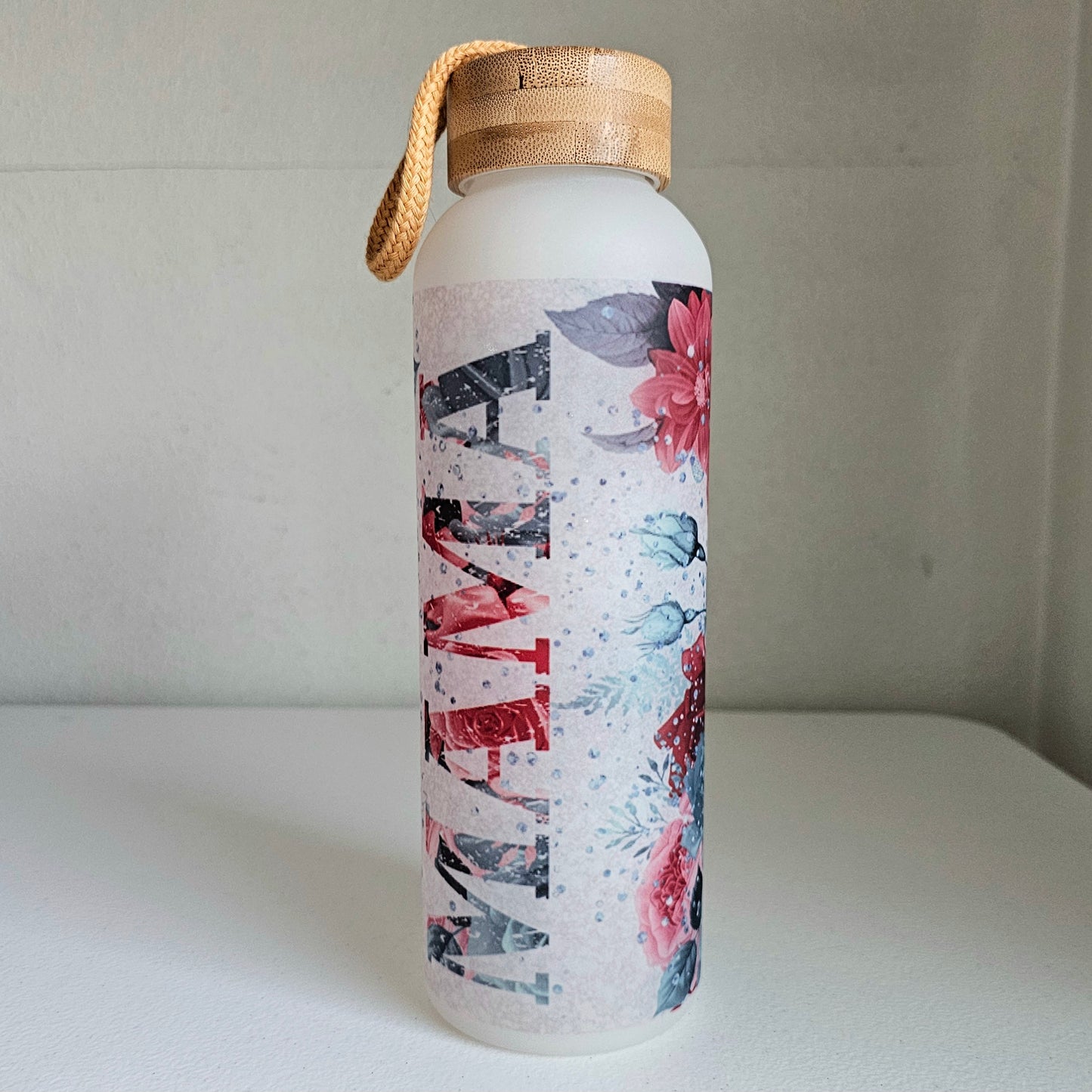 Mama Water Bottle / Floral Glass Water Bottle With Bamboo Lid / Gift For Mom