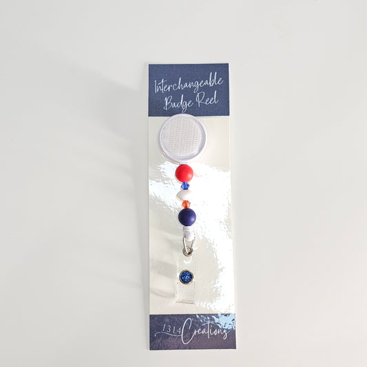 Red White And Blue Badge Reel  - Cute Interchangeable Badge Reel Clip - Beaded ID Holder For Work