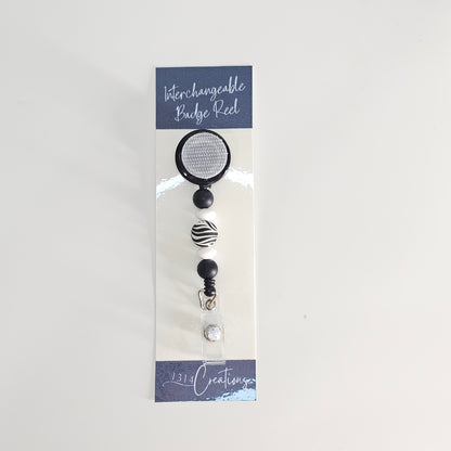 Black And White Badge Reel  - Cute Interchangeable Badge Reel Clip - Beaded ID Holder For Work