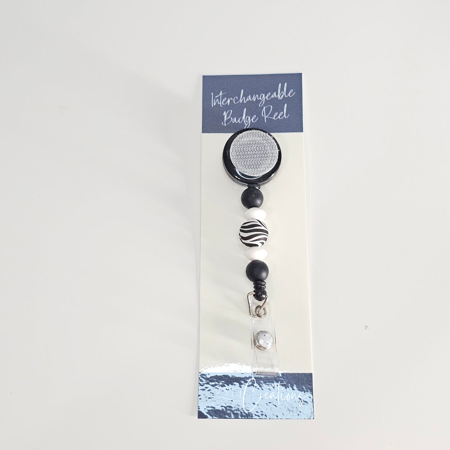 Black And White Badge Reel  - Cute Interchangeable Badge Reel Clip - Beaded ID Holder For Work