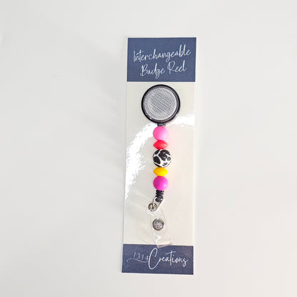 Pink Yellow and Cow Print Badge Reel Clip  - Cute Interchangeable Badge Reel Clip - Beaded Badge Reel For Work