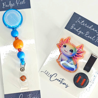 Cute Blue and Orange Beaded Interchangeable Badge Reel Clip - Axolotl Badge Reel Clip - Beaded Badge Reel For Work