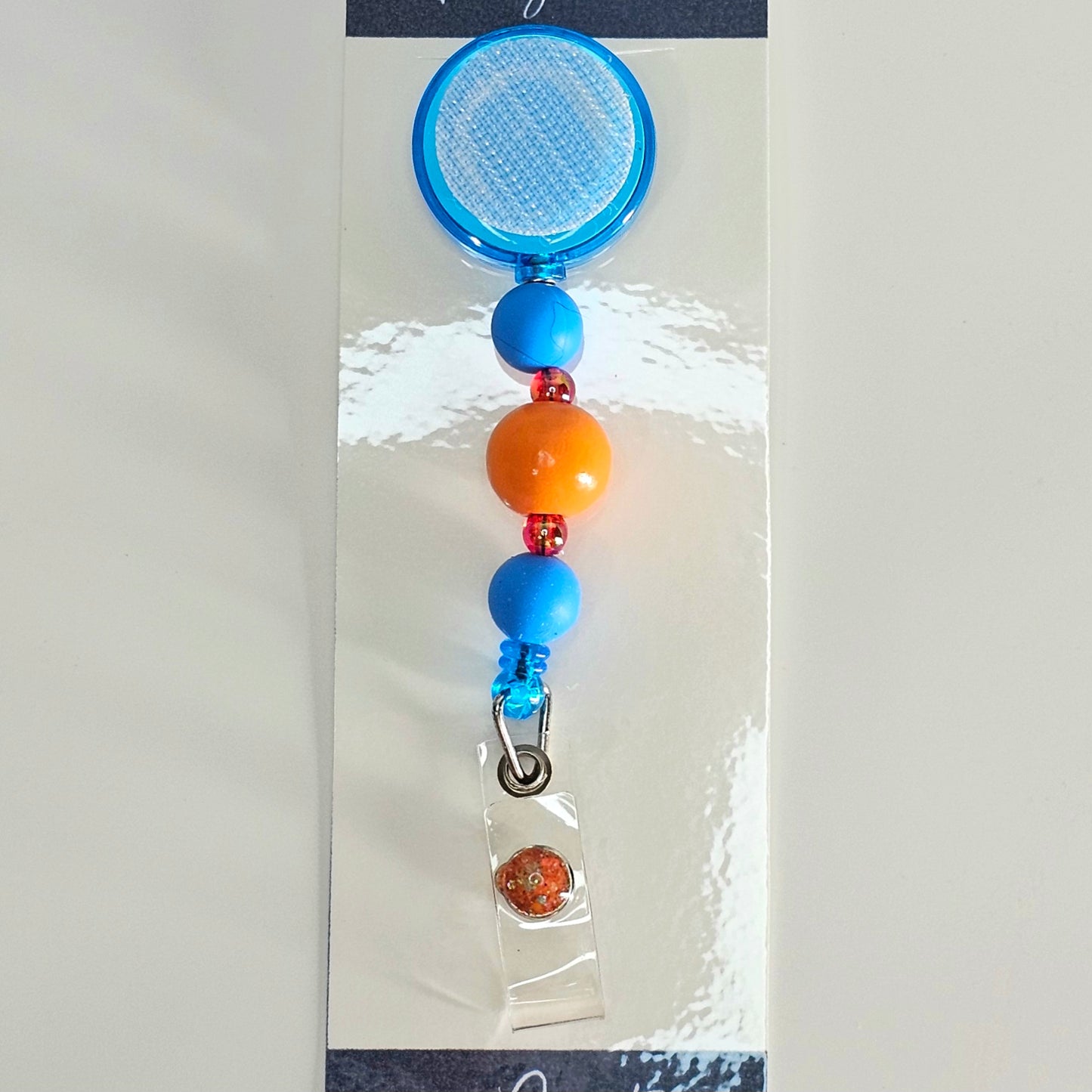 Cute Blue and Orange Beaded Interchangeable Badge Reel Clip - Axolotl Badge Reel Clip - Beaded Badge Reel For Work