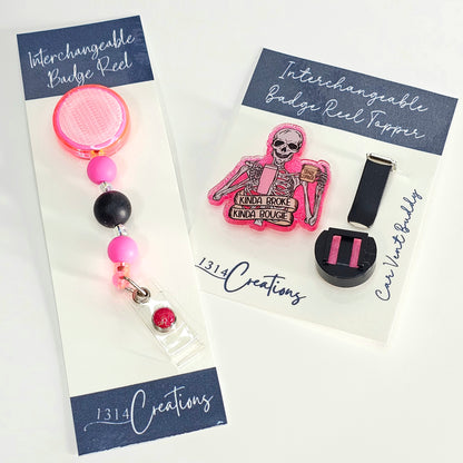 Bright Pink And Black Beaded Badge Reel  - Interchangeable Badge Reel Clip - ID Holder For Work