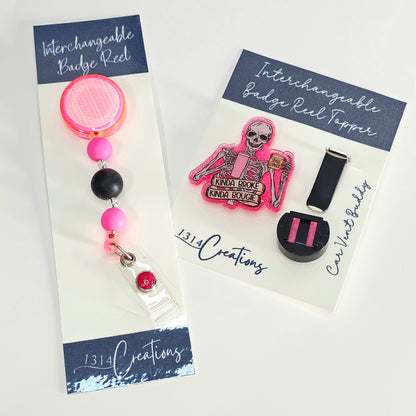 Bright Pink And Black Beaded Badge Reel  - Interchangeable Badge Reel Clip - ID Holder For Work