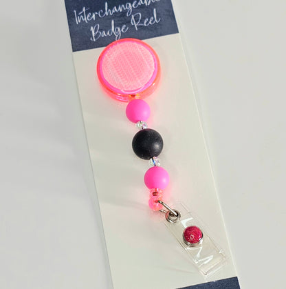 Bright Pink And Black Beaded Badge Reel  - Interchangeable Badge Reel Clip - ID Holder For Work